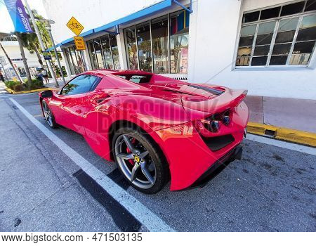 Los Angeles, California Usa - March 24, 2021: Red Ferrari F8 Tributo Luxury Car Back Corner View.