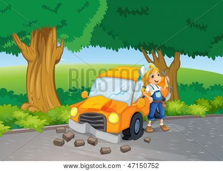 Illustrazione di un incidente d'auto alla strada nei pressi di alberi di grandi dimensioni