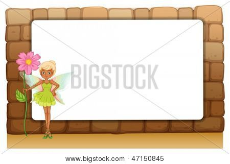 ภาพของนางฟ้าที่ถือดอกไม้ยักษ์ข้าง blankboard ว่างบนผนังบน backg สีขาว