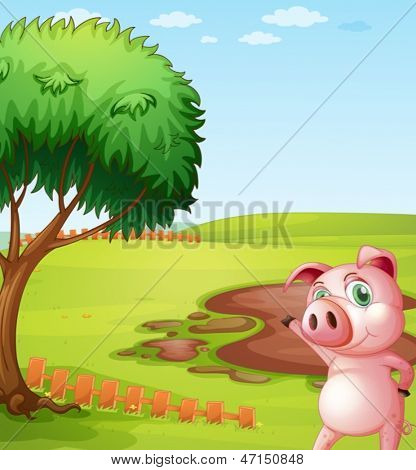 Ilustração de um porco, introduzindo a fazenda do porco