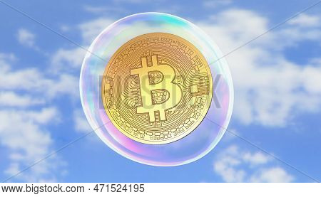 3d Rendering Of A Physical Golden Bitcoin In A Soap Bubble, In The Background A Blue Sky With Clouds