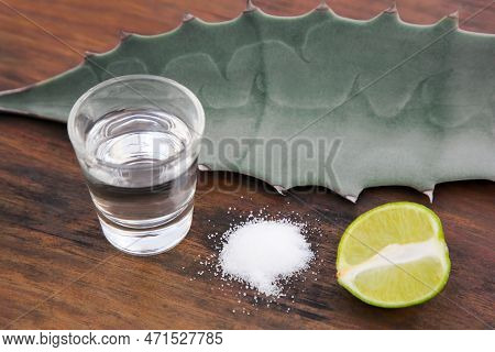 Mexican Tequila Shot, Salt, Lime And Green Leaf On Wooden Table, Closeup. Drink Made Of Agava