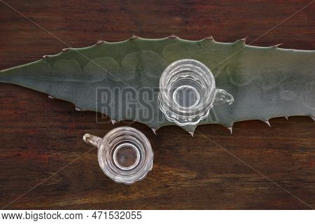 Mexican Tequila Shots And Green Leaf On Wooden Table, Top View. Drink Made Of Agava