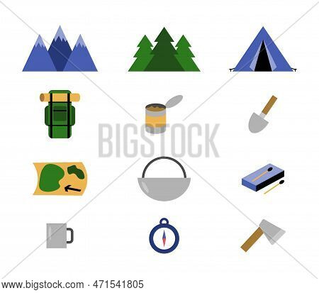Hiking Set, Vector. Mountains And Forest, Tent And Backpack, Mug And Bowler Hat, Canned Food, Shovel
