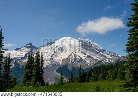 View Of Mount Rainier From Summerland Hiking Area On Sunny Day