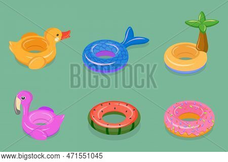 3d Isometric Flat Vector Set Of Set Of Rubber Rings, Inflatable Swimming Toys