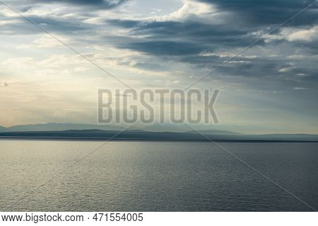 Adriatic Sea And Island Of Krk On Horizon Seen From The Town Of Lovran In Croatia