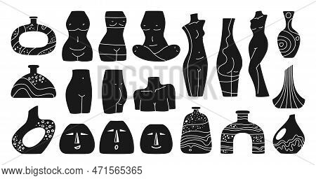 Vase Female Shape Engraving Modern Set. Woman Body Form Sculpture Press Stamp Doodle Vases. Boho Ele