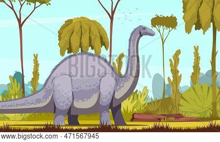 Dinosaurs Horizontal Vector Illustration With Diplodocus Cartoon Image As Longest And Largest Herbiv