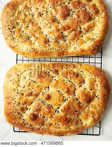 Turkish Ramadan Pide Ramadan Pidesi Homemade Soft Bread With Nigella And Sesame Seeds On The Top.