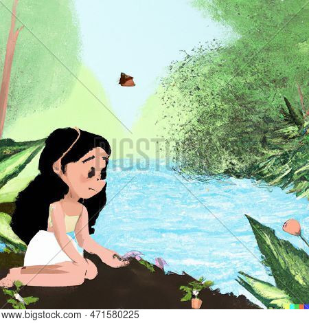 A Brunette Girl Playing Near The River