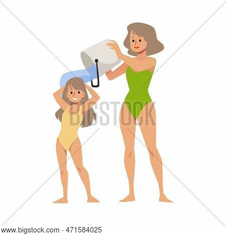 Mother Douses Her Daughter With Icy Water From Bucket Flat Vector Isolated.