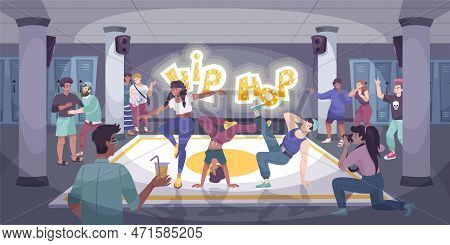 Dancer Modern Flat Composition With Group Of Hip Hop Dancers Performing At Indoor Event With Audienc