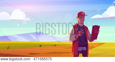 Man With Clipboard Checking Plot Land For Sale. Sell Empty Field Scene With Mountain Landscape. Farm