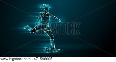Abstract Silhouette Of Football Soccer Player Woman In Action Isolated Black Background.