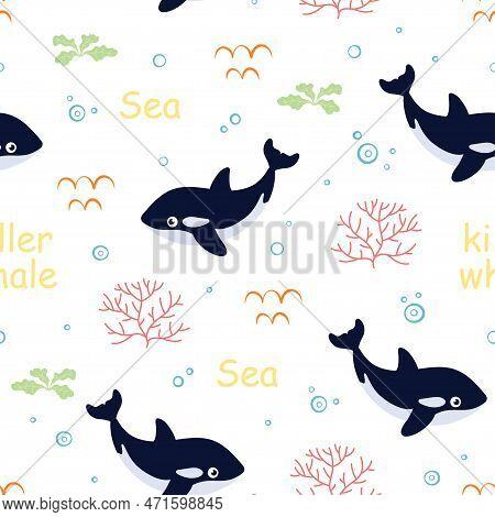 Seamless Pattern Of Simple Whale Orcas On White Background, Vector Illustration With Cute Killer Wha