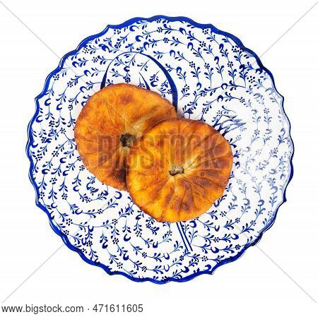 Tatar Cuisine - Above View Of Two Peremeches (fried Pastry Stuffed With Minced Meat) On Ornamental P