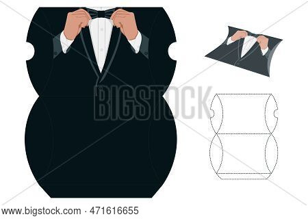 Gift Box Groom Wedding Die Cut Template. Black Suit, Tuxedo, And Bow Tie. Vector Blueprint