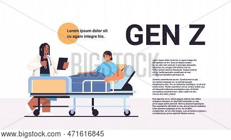 Nurse Taking Care Of Sick Male Patient Lying In Hospital Bed Generation Z Lifestyle Care Service Con