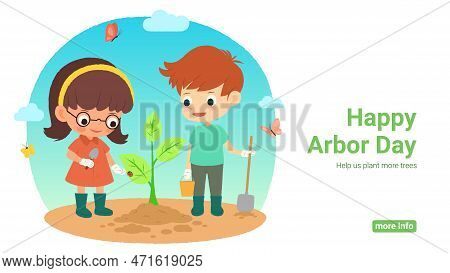 Background For Arbor Day Decoration. Vector Cute Illustration With Two Kids Planting Seedling In Gro