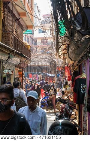Kathmandu, Nepal, 04 23 2022: Hustling And Bustling In Kathmandu Bazaar