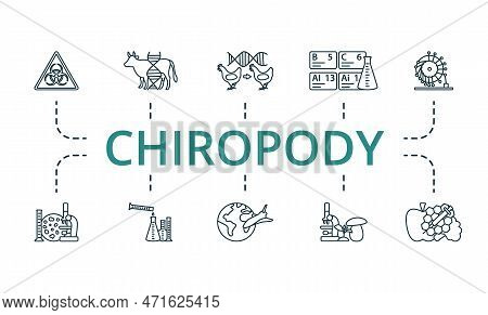 Chiropody Icon Set. Monochrome Simple Chiropody Icon Collection. Biological Hazard, Gm Animals, Clon