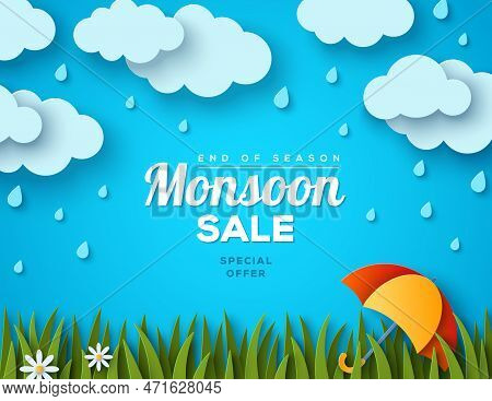Monsoon Sale Offer Banner Template, Paper Cut Clouds, Green Lawn, Colorful Umbrella On Blue Backgrou