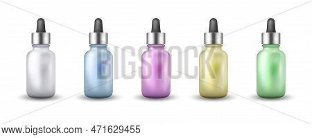 Dropper Bottle Realistic Set For Oil, Essence And Serum. Templates For Cosmetic Brand. Beauty Care C