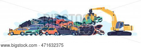 Car Dump With Metal Piles Of Old Or Broken Machines. Steel Crane Lifting Automobile. Auto Scrap. Dam