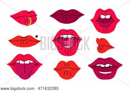 Cartoon Female Mouth Expressions. Red Cosmetic Lipstick. Smiling Plump Sexy Lips Piercing. Different