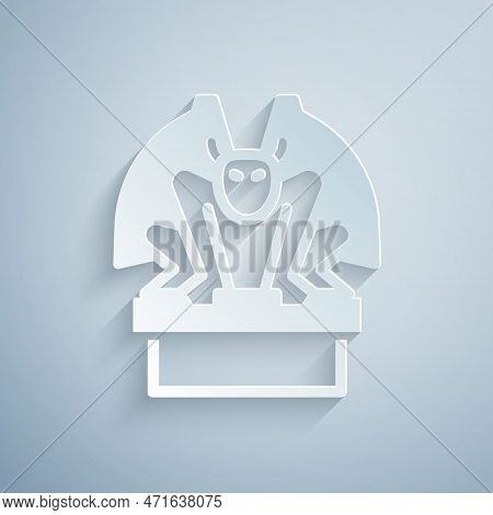Paper Cut Gargoyle On Pedestal Icon Isolated On Grey Background. Paper Art Style. Vector