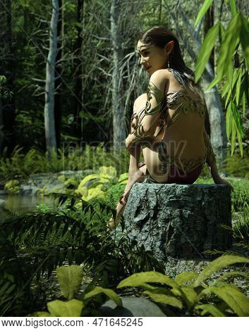 3d Computer Graphics Of A Fairy Sitting On A Tree Stump At A Forest Pond  (not Ai Generated)