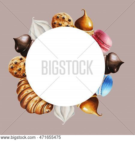 Watercolor Frame With Macaroons, Biscuits, Marshmallows In Chocolate, Meringue, Eclair, Croissant, C