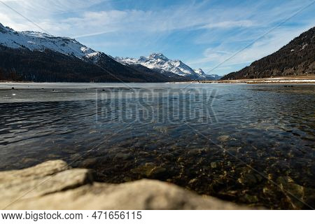 Silvaplana, Switzerland, February 21, 2023 Incredible Winter Panorama With A View Over The Frozen La