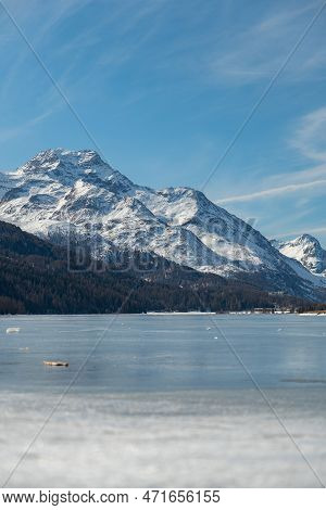 Silvaplana, Switzerland, February 21, 2023 Incredible Winter Panorama With A View Over The Frozen La