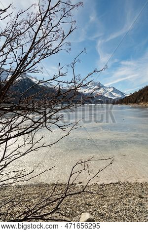 Silvaplana, Switzerland, February 21, 2023 Incredible Winter Panorama With A View Over The Frozen La