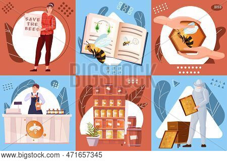 Beekeeping Flat Compositions Set Of Counters With Sweet Organic Product Honeycomb Tutorial People Pr