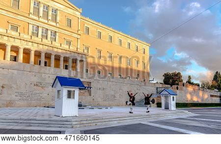 Athens, Greece - January 7  2023: The Tomb Of The Unknown Soldier In Front Of The Hellenic (greek) P