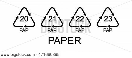 Paper Or Cardboard Recycling Signs. 20, 21, 22, 23 Pap In Triangular Shapes With Arrows. Reusable Ic