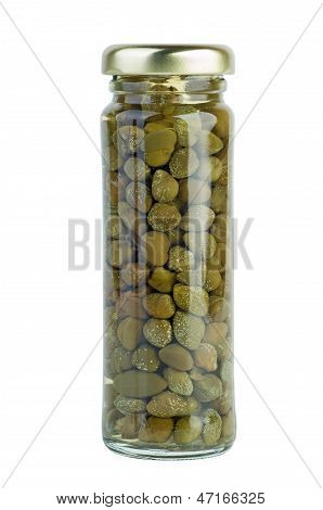 Frasco de vidro com alcaparras marinados