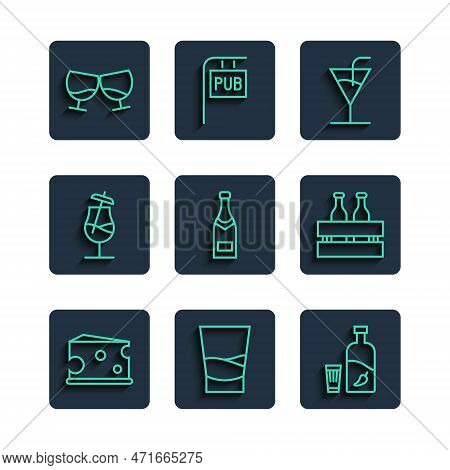 Set Line Cheese, Glass Of Vodka, Vodka With Pepper And Glass, Cocktail, Champagne Bottle, Cognac Or 