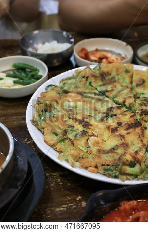 Pajeon Scallion Pancakes Or Korean Pizza With Dipping Sauce. Korean Traditional Food Style