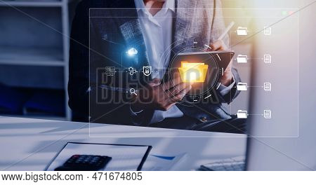 Document Management System Concept, Business Man Holding Folder And Document Icon Software, Searchin