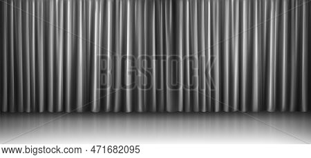Realistic Stage Floor Background With Silver Silk Curtain Vector Illustration. Black Cloth Sheet Wit
