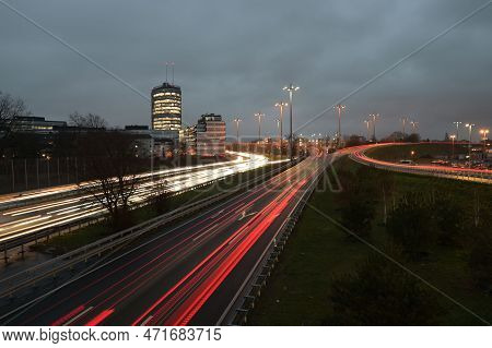Long Exposure Shot Of The Light Trails On B7 And A52 Freeway Near Meerbusch