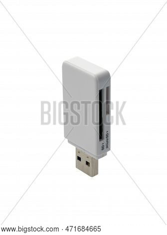 White Usb Card Reader Close-up On White Background, Adapter For Memory Cards