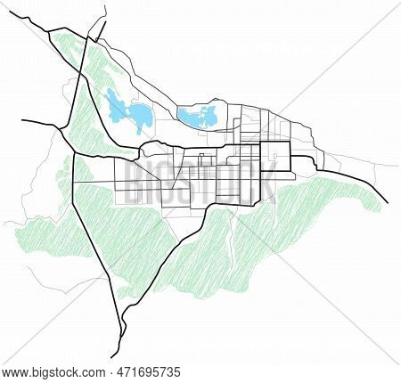 City Map Of Mandalay. Line Scheme Of Roads. Town Streets On The Plan. Urban Environment With River A