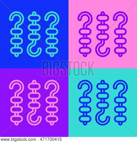 Pop Art Line Grilled Shish Kebab On Skewer Stick Icon Isolated On Color Background. Meat Kebab On Sk
