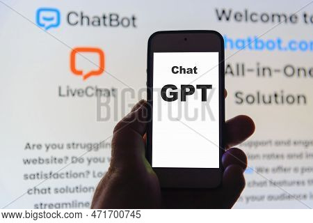 Screen Chatgpt,chat With Ai,artificial Intelligence. Male Search For Information Using Artificial In