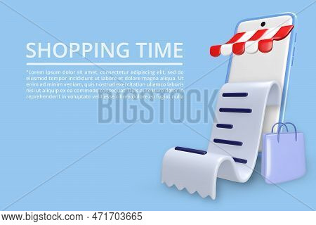 Online Store, Mobile Shopping.realistic Vector Illustration. 3d Render Of Smartphone With Canopy, Pa